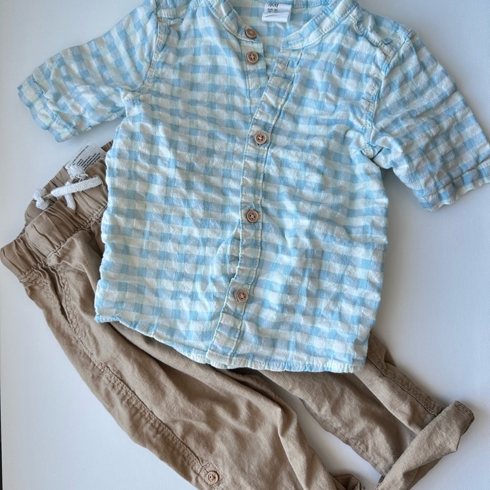 H&M Gingham Shirt & Linen Pants Outfit – 12M Spring/Easter